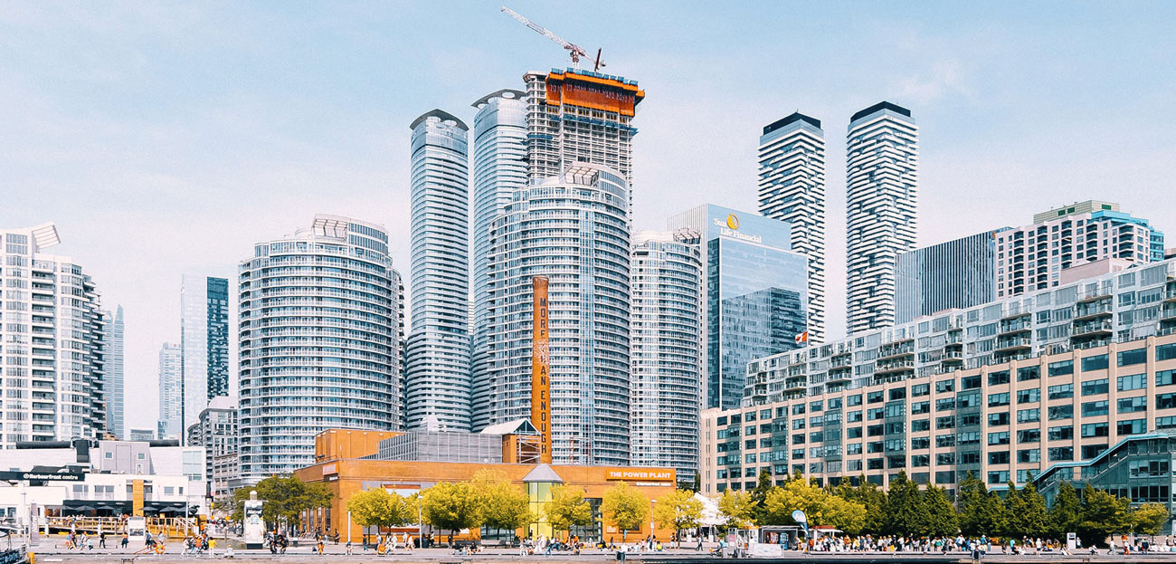 Toronto waterfront skyline with towers under construction